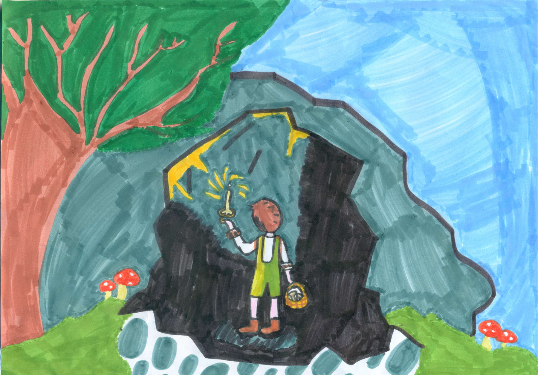 The Kids Aloud art competition winning picture by Nadia Wieclaw: Pip enters the dragon’s cave with all his courage – and a candle