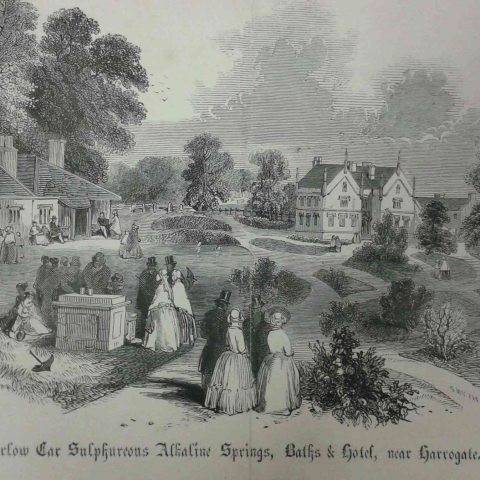 Engraving showing the Harrogate Arms, Bath House and gardens, c1857