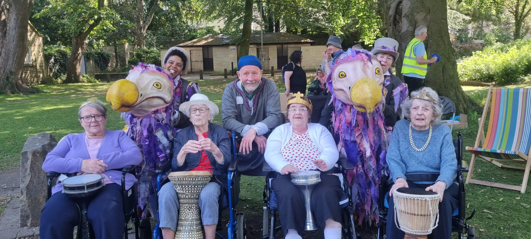 (centre) Andy Bates, co-artistic director from the Hazelsong Theatre group, with members of the Sycamore Hall Care Home drummers (sat) and other performers from the Ripon Theatre Festival