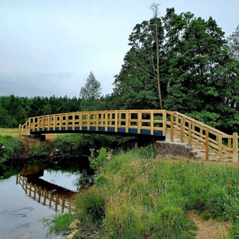 The recently repaired footbridge on a public footpath which crosses the River Rye near Nunnington