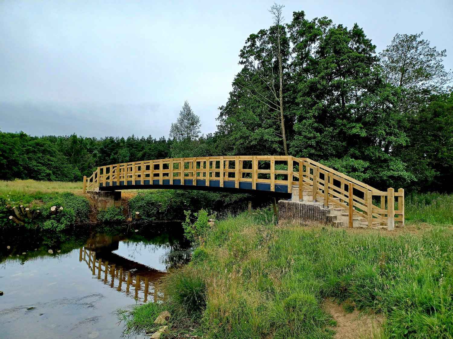 The recently repaired footbridge on a public footpath which crosses the River Rye near Nunnington