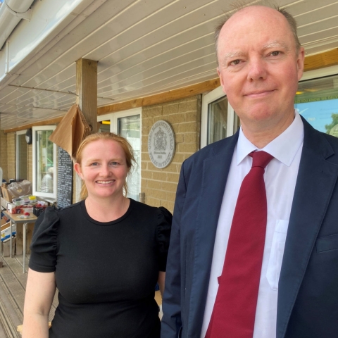 England’s Chief Medical Officer, Professor Chris Whitty, with Darley Village Shop’s manager, Dawn Abbott, outside the store