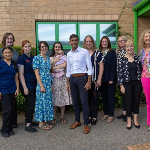L-R Alex Norford, Freya Skelton, Jessica Lofthouse, Toni-Joy Lavisher, Louise Ingham, Rosie James and Baby Aubrey, Prime Minister Rishi Sunak, Sarah Saynor, SofS for Education Gillian Keegan, Helen Burton,