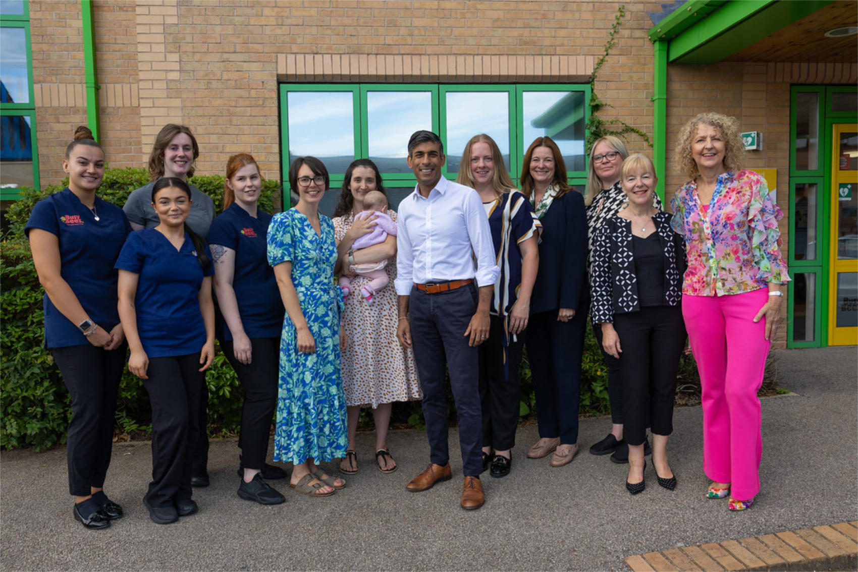 L-R Alex Norford, Freya Skelton, Jessica Lofthouse, Toni-Joy Lavisher, Louise Ingham, Rosie James and Baby Aubrey, Prime Minister Rishi Sunak, Sarah Saynor, SofS for Education Gillian Keegan, Helen Burton,