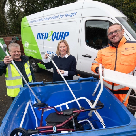 Daren Richardson from Medequip, Jenny Lowes, service improvement manager at North Yorkshire Council, and Steve Midgley from Yorwaste, recycling unwanted medical equipment at Northallerton HWRC