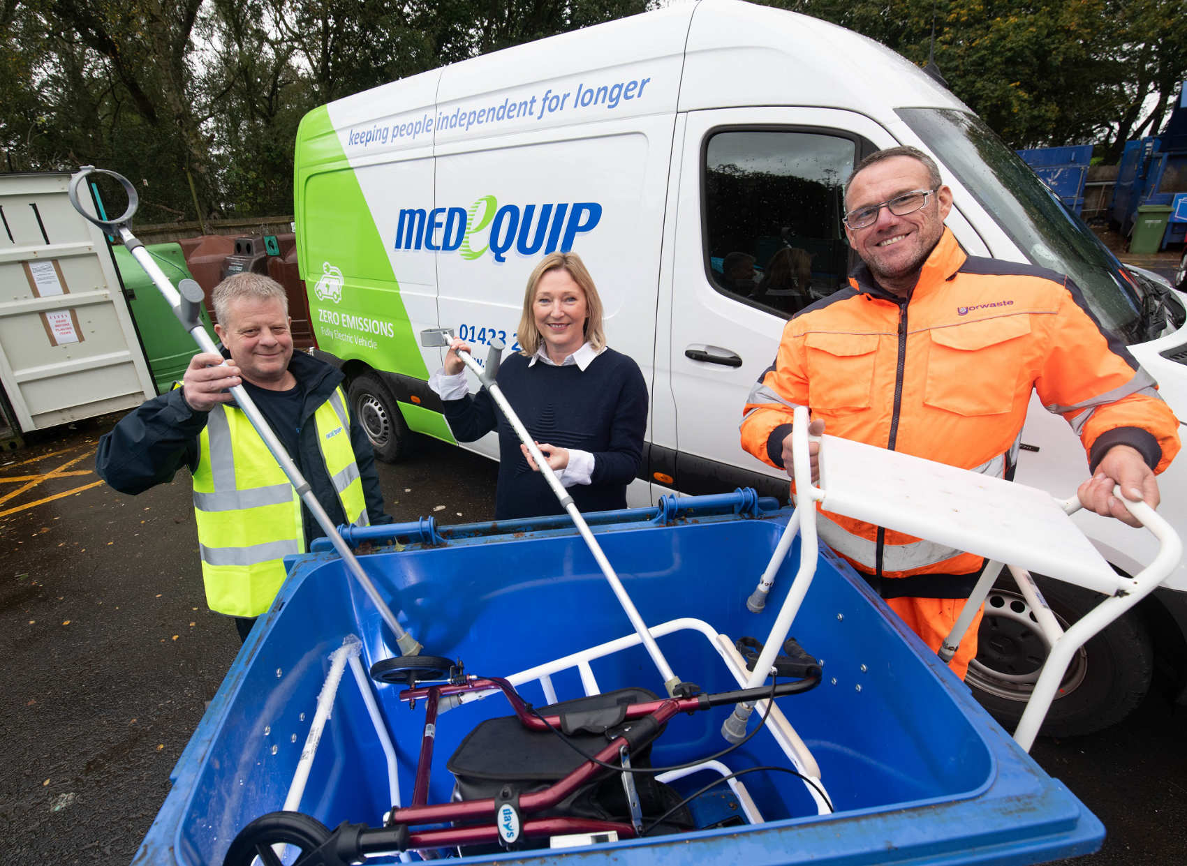 Daren Richardson from Medequip, Jenny Lowes, service improvement manager at North Yorkshire Council, and Steve Midgley from Yorwaste, recycling unwanted medical equipment at Northallerton HWRC