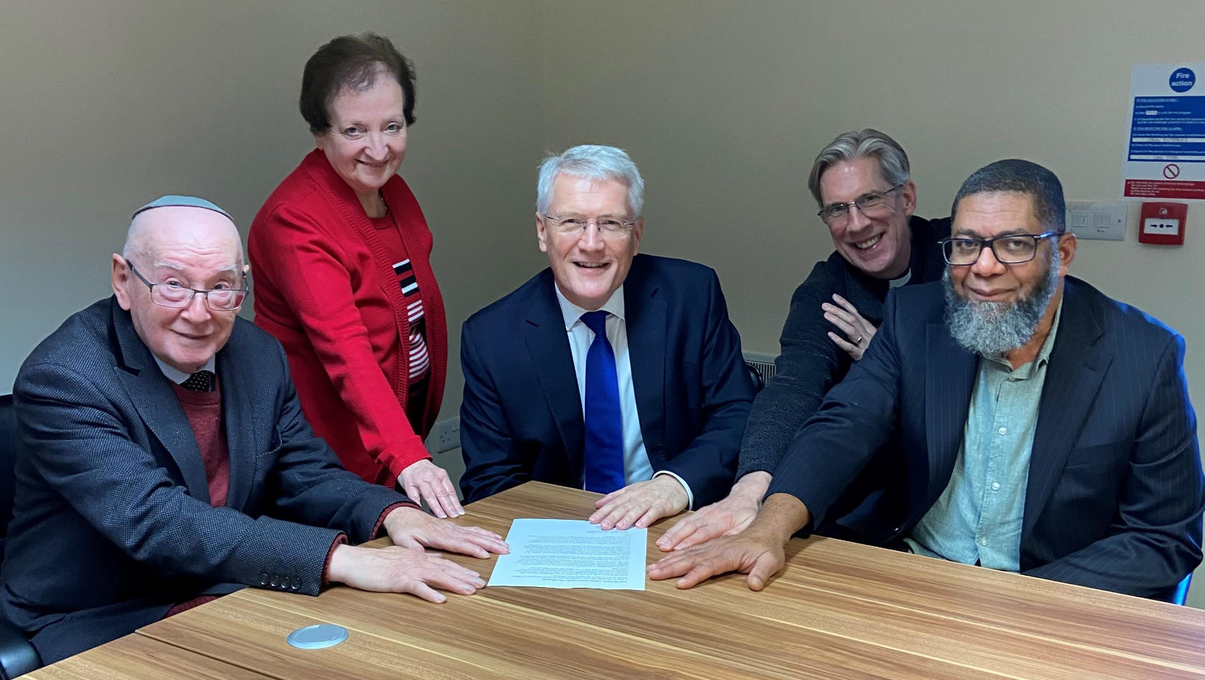 Faith leaders and Andrew Jones MP with their statement emphasising tolerance, calm and respect. Left to right, Bernard Cohen - President of Harrogate Synagogue, Mrs Roma Cohen, Andrew Jones MP, Rev Alan Garrow and Imam Hasan Muhammad