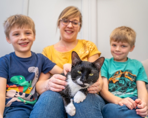 Flash with owner Charlotte Hunt and children, Louis, left, and Oliver
