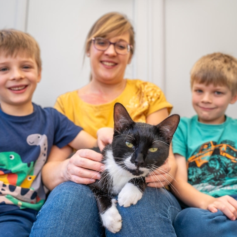 Flash with owner Charlotte Hunt and children, Louis, left, and Oliver