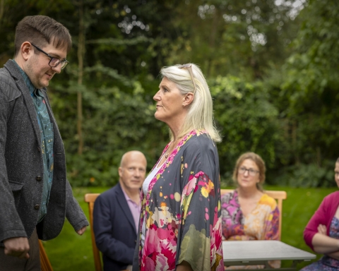 In the foreground Dane Wright as Felix and Gill McVey as Flora. In the background, left to right- Tim Robinson as Jim, Alison Gilmour as Mercie and Emily Grange as Rosie.