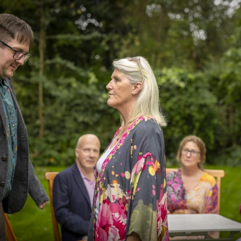 In the foreground Dane Wright as Felix and Gill McVey as Flora. In the background, left to right- Tim Robinson as Jim, Alison Gilmour as Mercie and Emily Grange as Rosie.