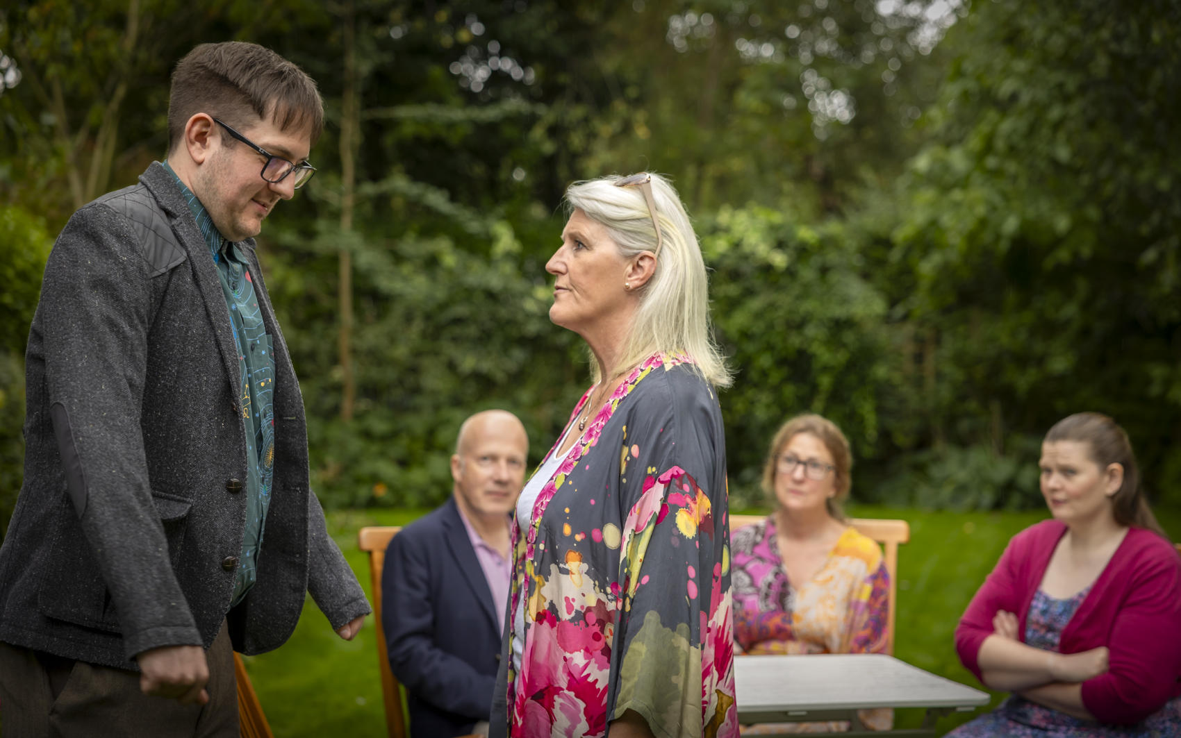 In the foreground Dane Wright as Felix and Gill McVey as Flora. In the background, left to right- Tim Robinson as Jim, Alison Gilmour as Mercie and Emily Grange as Rosie.