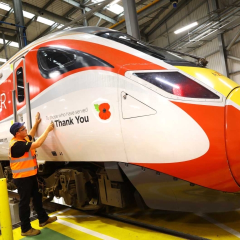 LNER Azuma (800 111) proudly displaying ‘Thank You to those who have served’ at Doncaster works. The livery was applied on Thursday 2nd November 2023