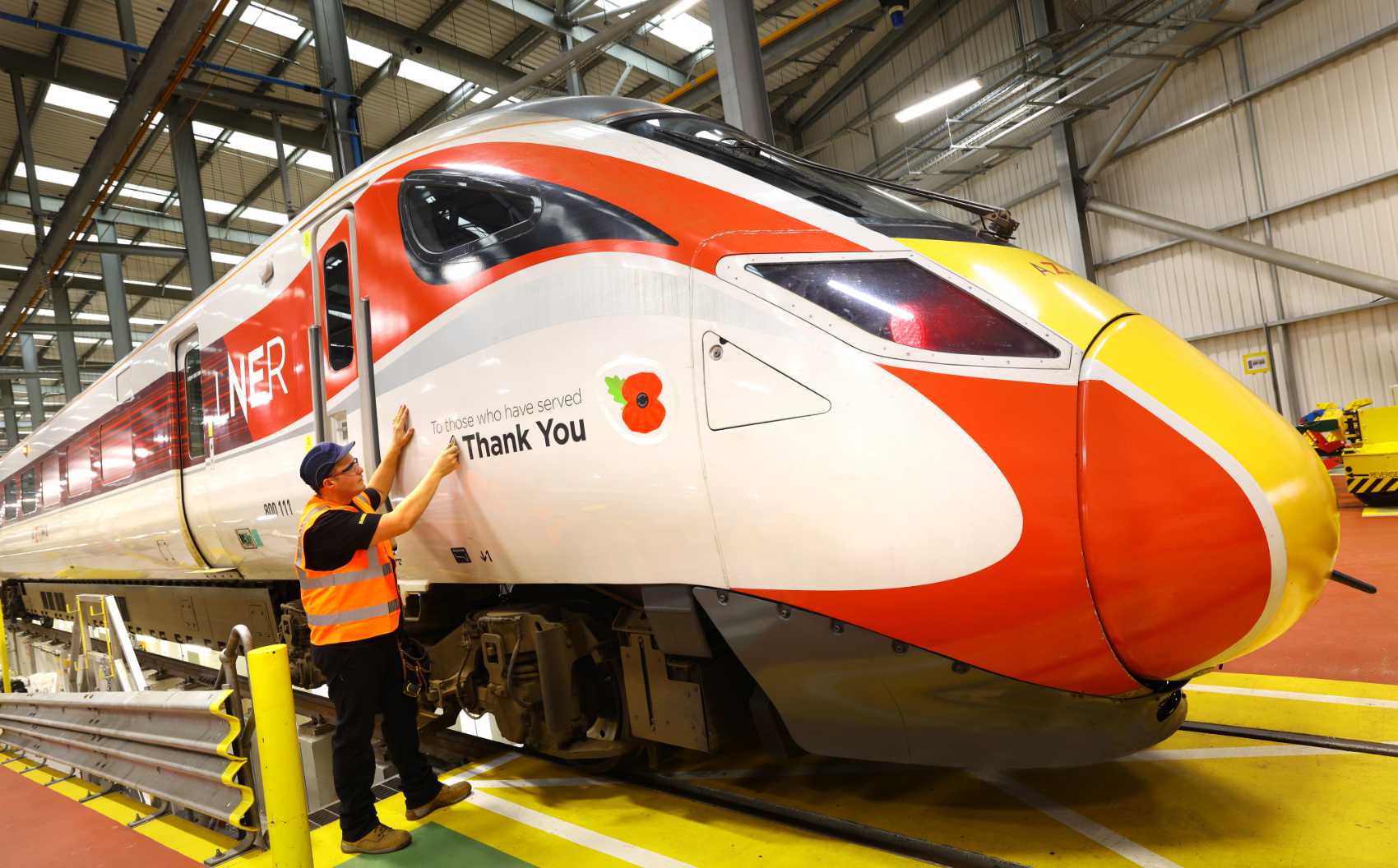 LNER Azuma (800 111) proudly displaying ‘Thank You to those who have served’ at Doncaster works. The livery was applied on Thursday 2nd November 2023