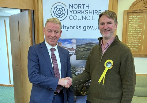 Dan Sladden, right, the winner of the Sowerby and Topcliffe by-election, with returning officer Richard Flinton, who is the chief executive of North Yorkshire Counci
