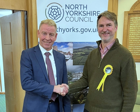 Dan Sladden, right, the winner of the Sowerby and Topcliffe by-election, with returning officer Richard Flinton, who is the chief executive of North Yorkshire Counci