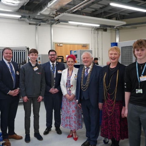 York College (from left-to-right) at the Official Opening of the York College Construction Centre Extension are York College Head of Construction Ash Stokes; former York College T Level student Sam Stokes; York College Acting Chief Executive and Principal Ken Merry; York College Head of Engineering and Digital Technologies Lisa Wheeler; the Lord Mayor of York, Chris Cullwick; the Lady Mayoress of York, Joy Cullwick and York College T Level student Callum Stephenson.