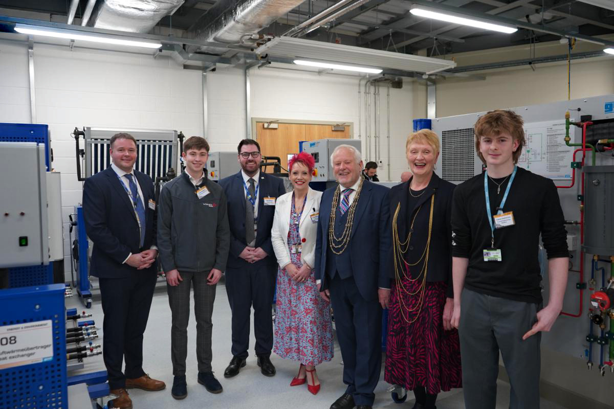 York College (from left-to-right) at the Official Opening of the York College Construction Centre Extension are York College Head of Construction Ash Stokes; former York College T Level student Sam Stokes; York College Acting Chief Executive and Principal Ken Merry; York College Head of Engineering and Digital Technologies Lisa Wheeler; the Lord Mayor of York, Chris Cullwick; the Lady Mayoress of York, Joy Cullwick and York College T Level student Callum Stephenson.