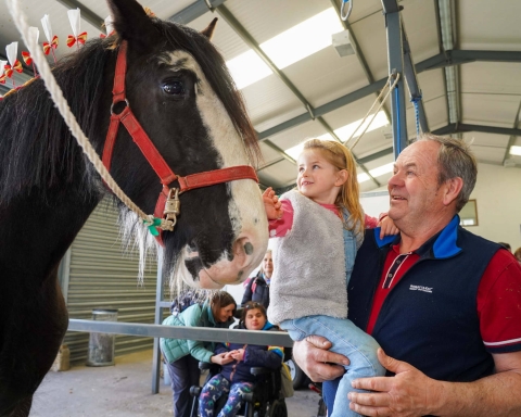 Gracie and Richard Bedford meet the Shire horses at Springtime Live.