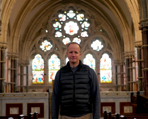Guy Critchlow, chairman of Skelton cum Newby Parish Council inside the Church of Christ the Consoler