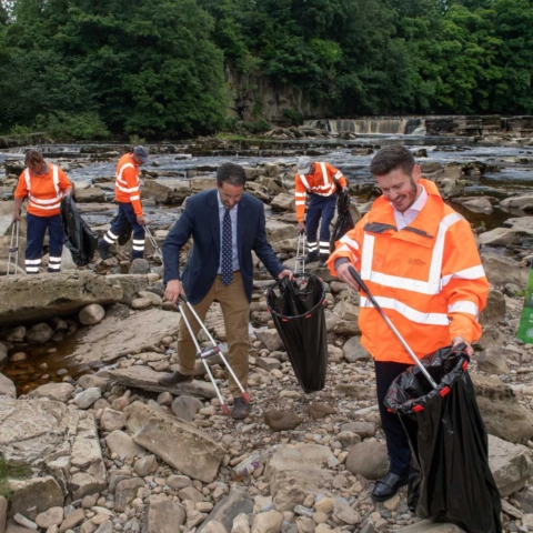 North Yorkshire Council’s executive member for street scene, Cllr Keane Duncan, with North Yorkshire Council’s assistant director for environment services, Michael Leah, at Richmond Falls along with members of North Yorkshire Council’s street scene team.
