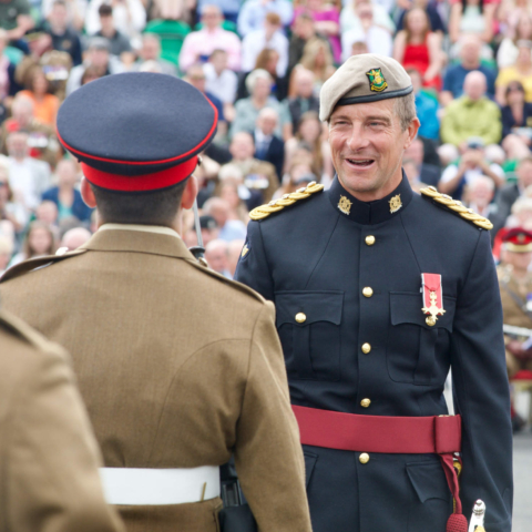 New Honorary Colonel Bear Grylls speaks with Junior Soldiers at AFC Harrogate Pass Out parade.