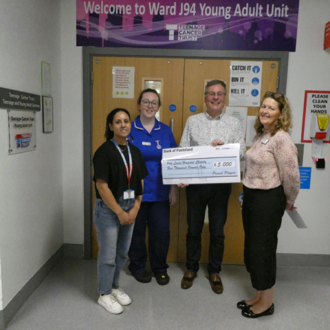 Michael Newby presents a cheque for £5,000 to members of the Teenage and Young Adult cancer service team at St James’ Hospital. L-r: Padma Donamsetti, Chloe Pendleton, Michael Newby, Diane Hubber
