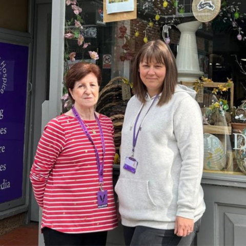 Hospice shop volunteer Maria Corbin, with Shop Manager, Polly Harvey outside the Ripon Shop