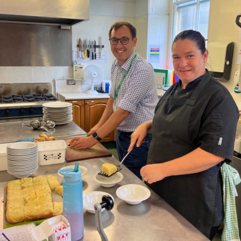 Tom and HHP chef Sue preparing food for lunchtime service