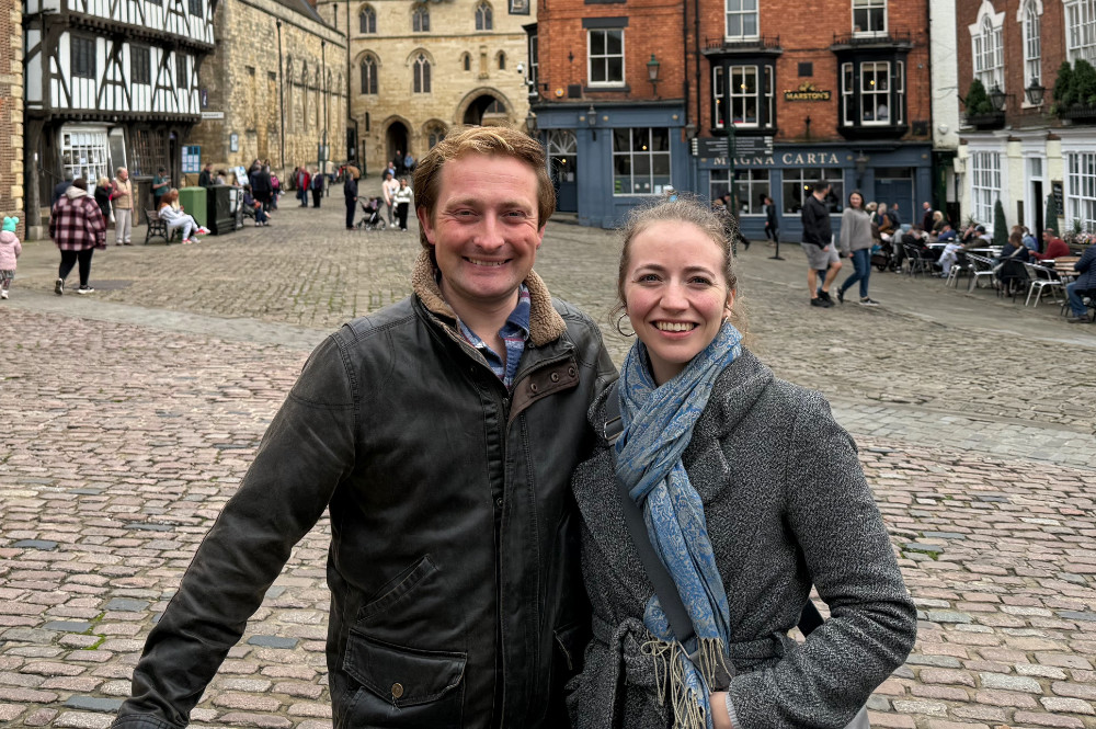 Harry and Rebecca taking a walking tour of Lincoln