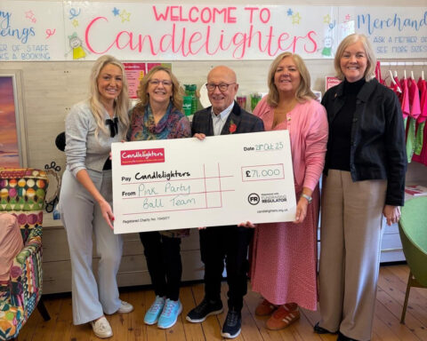Emily Wragg, Sheree Hemingway, Paul Meehan, Sue Patterson and Catherine Kennedy at the cheque presentation at Candlelighters. (Photo credit: Candlelighters.)