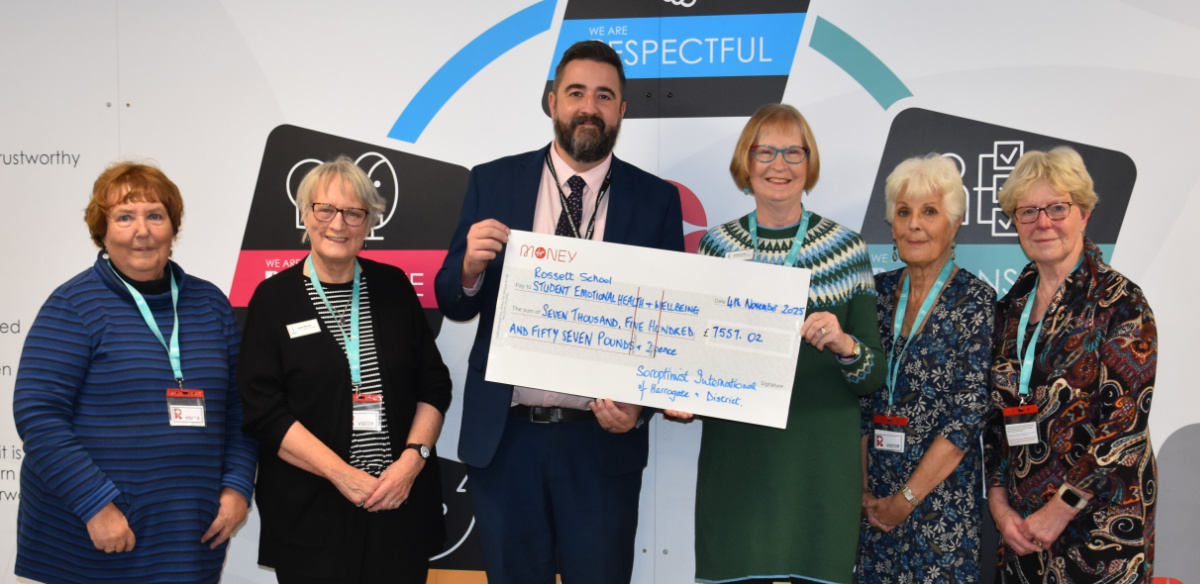 left to right: Harrogate & District Soroptimist members: Sylvia Purser, Janet Morrow, Sandra Frier, Ann Olesqui Meadus and Maureen Ingleton with Head Teacher, Tim Milburn