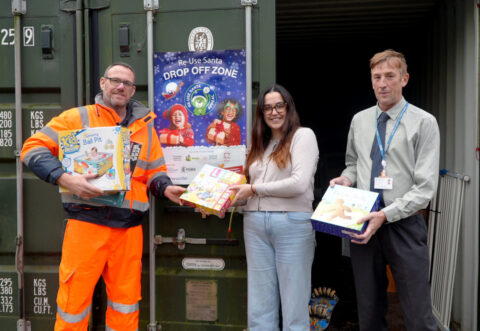 From left, operations manager at Yorwaste, Steven Midgley, waste prevention and recycling officer at North Yorkshire Council, Ariane Heap, and North Yorkshire Council’s executive member for waste services, Cllr Richard Foster, assessing donated gifts at a household waste recycling centre
