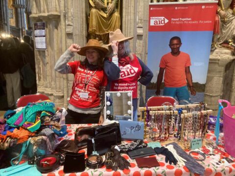 Stetsons for sale, as modelled by stall helpers Jenny Rose and Elaine Gisbourne
