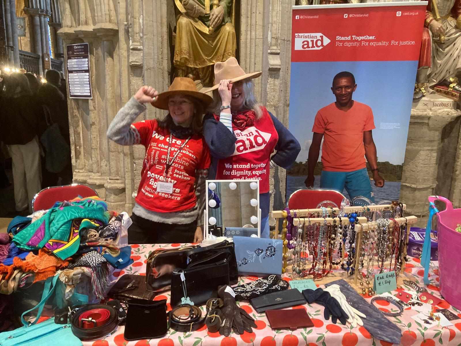 Stetsons for sale, as modelled by stall helpers Jenny Rose and Elaine Gisbourne