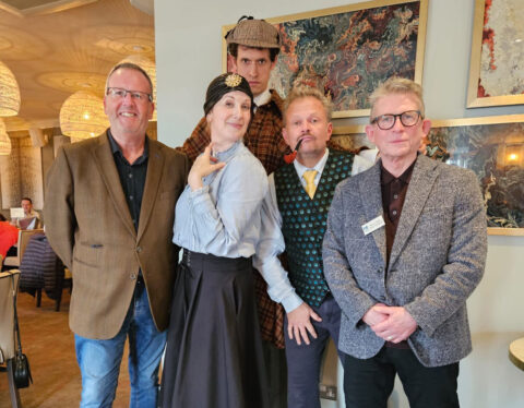 Simon Cotton, MD of Fat Badger Group with the cast of Shear Luck Holmes and David Bown, Chief Exec of Harrogate Theatre