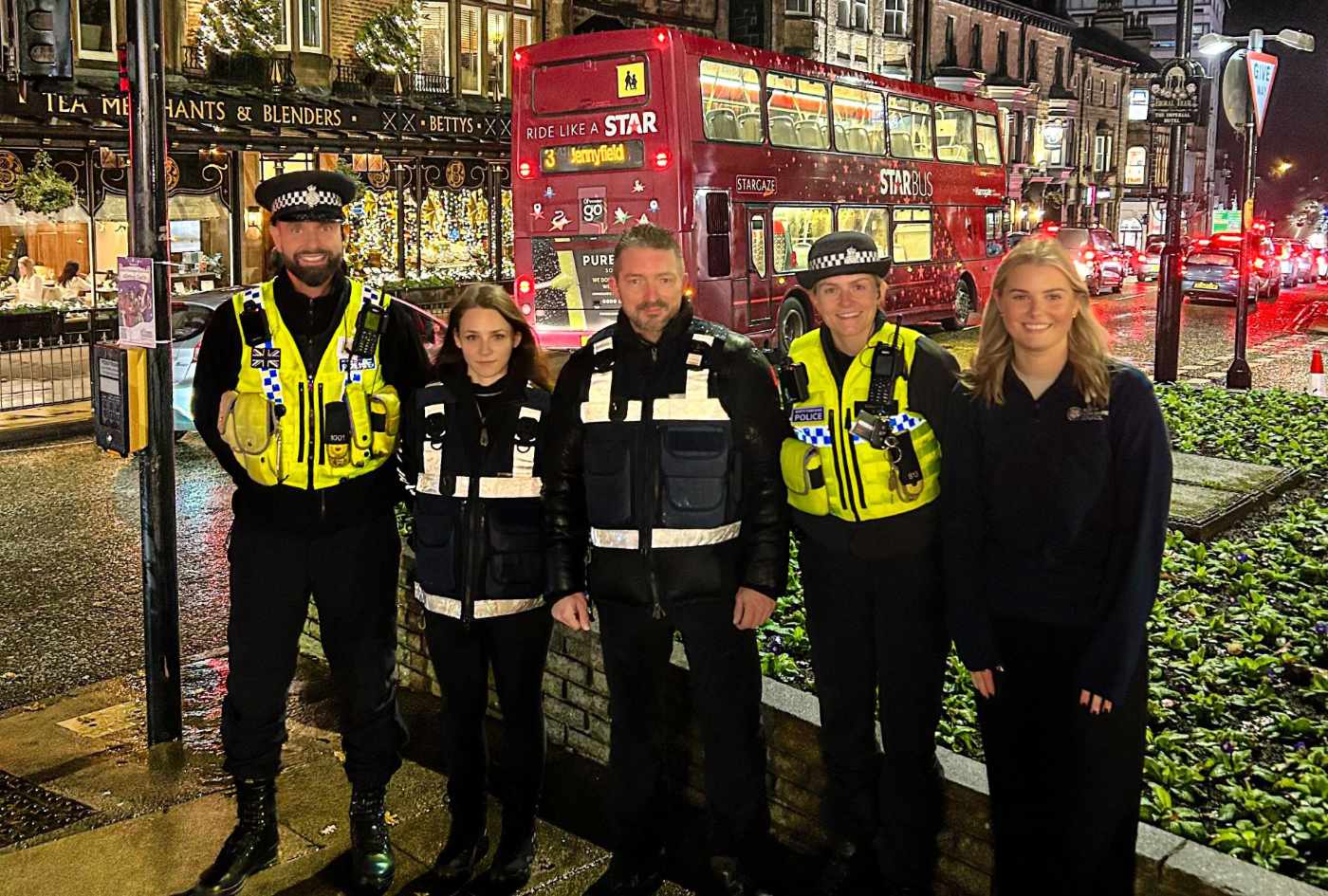 From left to right, North Yorkshire Police’s PC Thomas Lister, Katrin Andreli and Steve Miller of X9 Security Solutions, North Yorkshire Police’s PC Sarah Danby, and North Yorkshire Council’s community safety officer, Elen Hughes. Night marshals are being employed in Harrogate and Selby over the festive period to increase public safety.