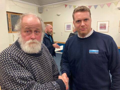 Councillor Warneken (Green Party) secured a goodwill donation for the community, and assurance that the community would be listened to in future. Here with Matt Pinder, a Director at Yorkshire Water.