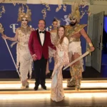 Underwater Sea drag queens with L -Simon Cotton, MC & Auctioneer (MD of Fat Badger Group) and R - Suzie Vaughan, Event Organiser and Owner/Founder of Enchanticas