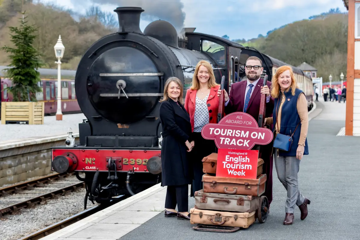 From left to right, the deputy England director of VisitEngland, Lyndsay Turner-Swift, North Yorkshire Council’s assistant director for place shaping and growth, Kathryn Daly, the council’s head of economy and tourism, Tony Watson, and the chair of VisitEngland’s advisory board, Lady Victoria Borwick, at Bolton Abbey Station