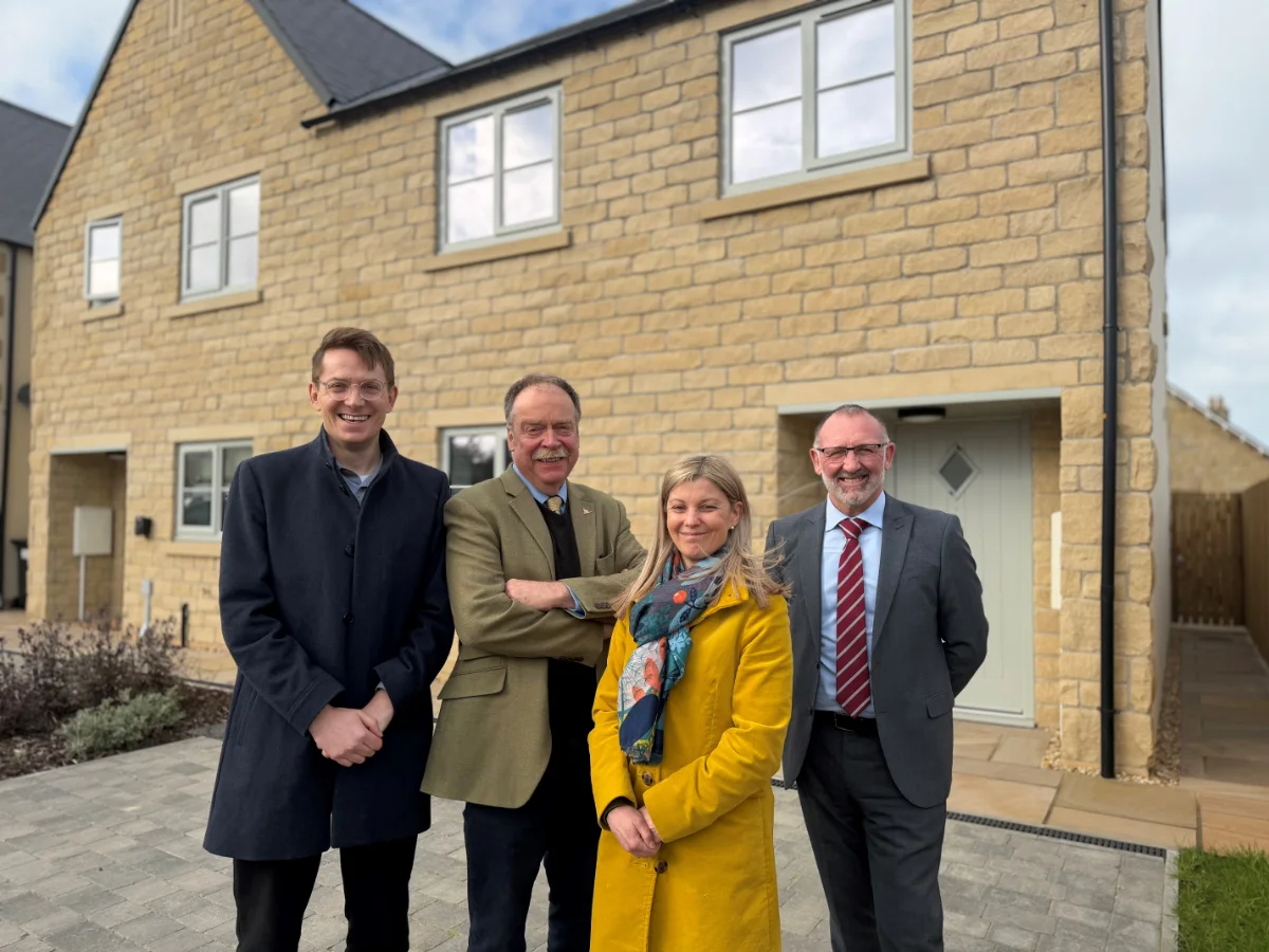 Claire Townson with Broadacres’ Director of Development and Investment Michael Jones (left) Cllr Myers and Tony Dodds (right) outside one of the Broadacres’ homes