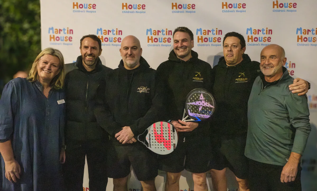 Clair Holdsworth, chief executive of Martin House, Sir Gareth Southgate, and Andy King, David Moss, Alistair Wright and Paul Clemo of Apollo Capital Group.