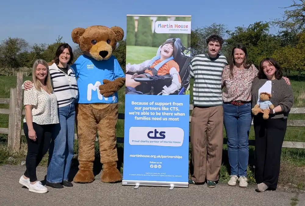 From Martin House Children's Hospice Victoria Coltman, Hannah Finan, Martin House mascot Marty with Callum Wells, Claire Robinson and Emily Bennett from CTS