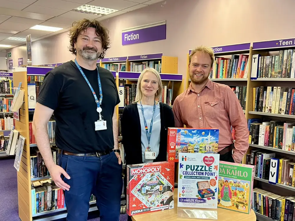 Left: (Knaresborough Library) Greg Kubas, community development librarian, Maria, library supervisor, Jamie Nicholson-Ruther, development and communications manager at Harrogate Neighbours.